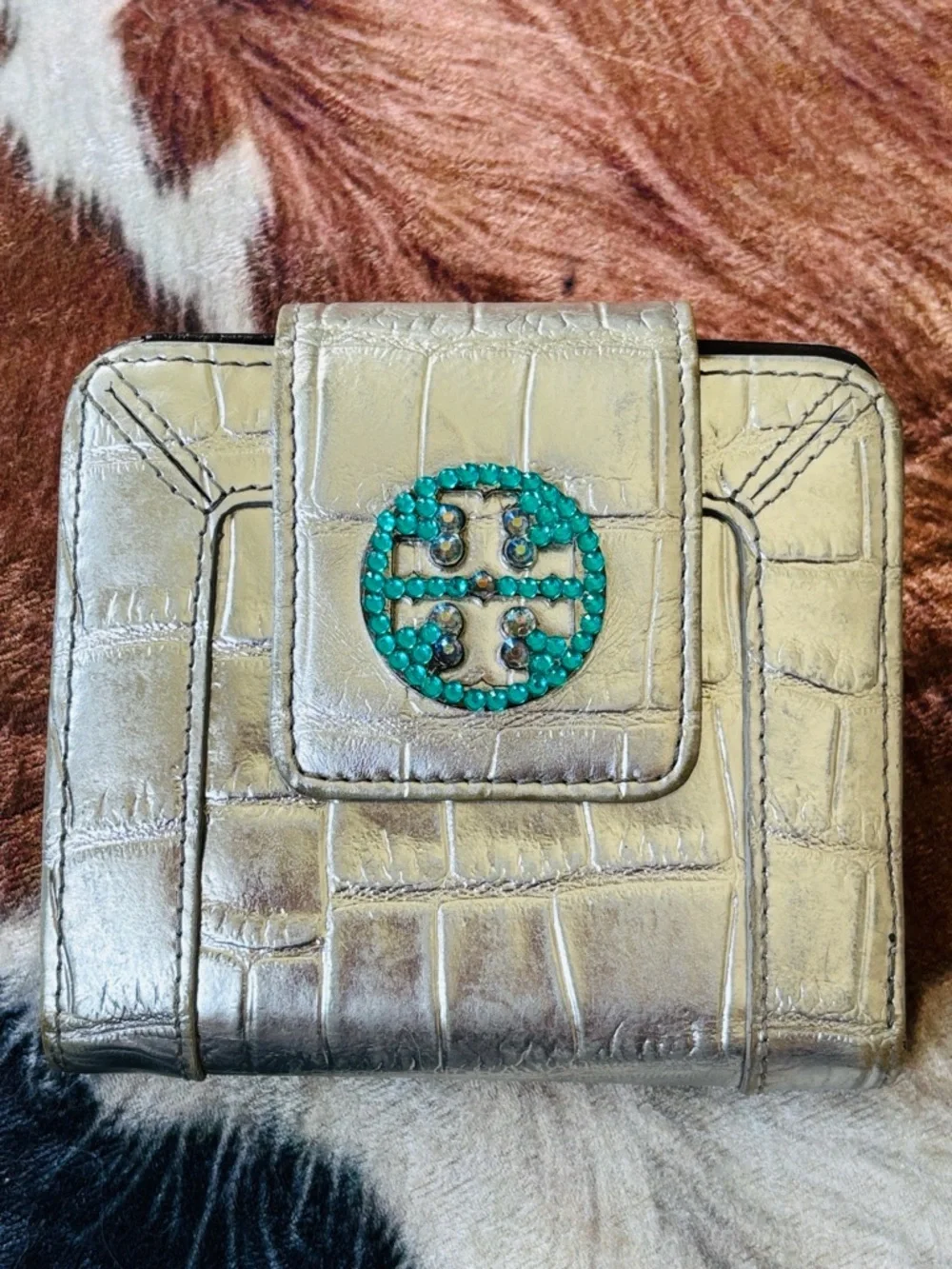Tory Burch Metallic Silver Croc-Embossed Leather Bifold Wallet Teal Crystal Gems